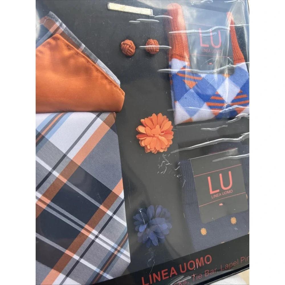 Linea Uomo 9 Piece Orange Blue Tie Pocket Square‎ Lapel Pin Cuff Links Socks Set